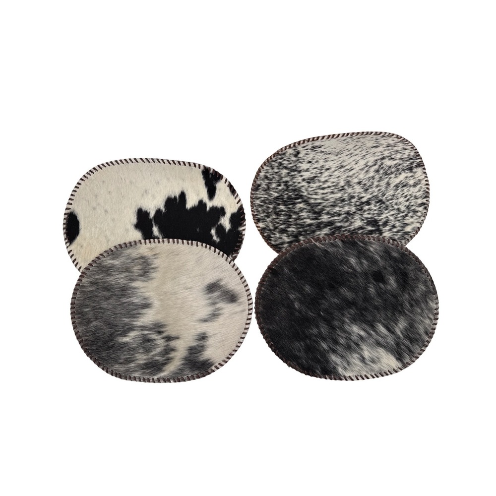 Placemats‎ Set of 4 Genuine Cowhide Oval Hair on Hide Leather Whipstitch Border